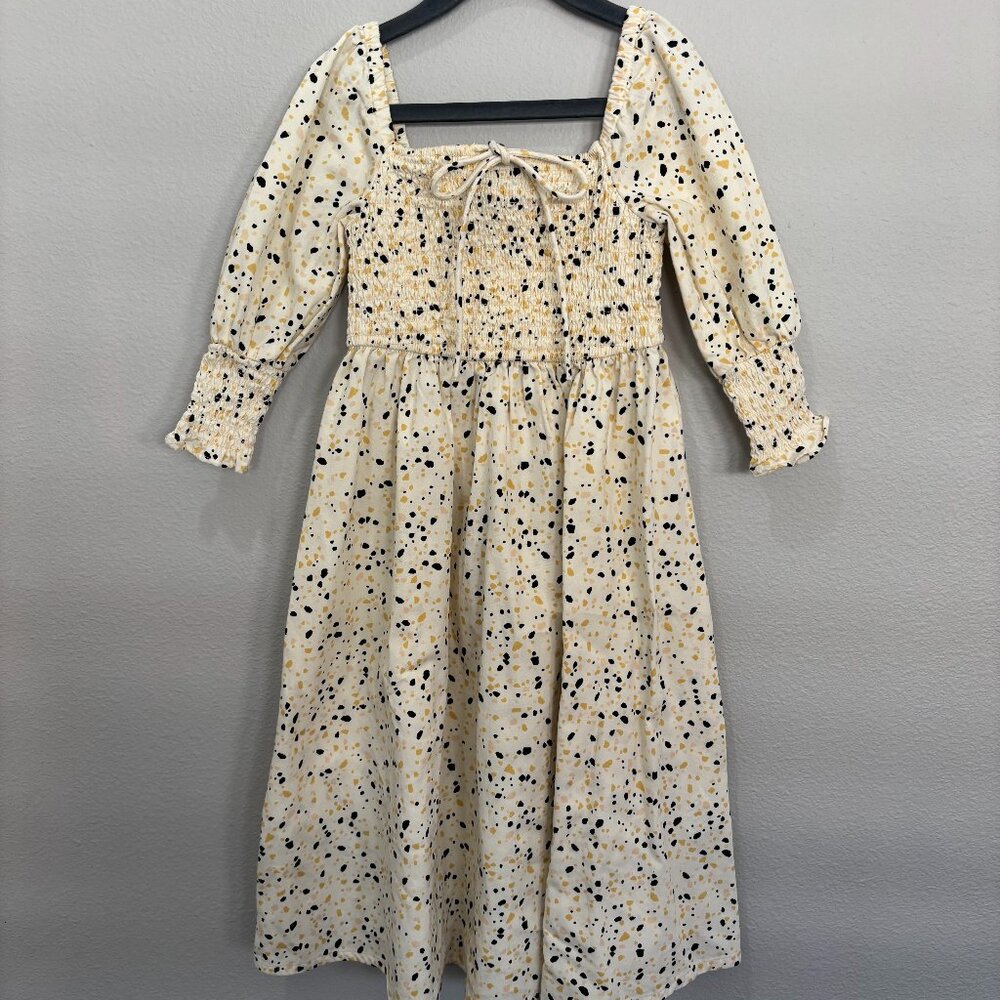 Feather Drum cream with dots maxi dress, smocked top and cuffs, bow in front